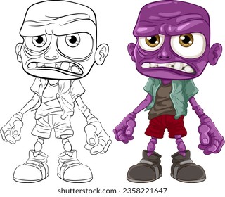 An old, grumpy zombie man with purple skin for coloring pages