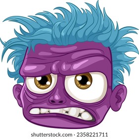 An old and grumpy zombie man with purple skin in a cartoon illustration style