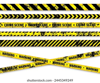 Old grunge barricade construction tape. Yellow police warning line, brightly colored danger or hazard stripe, ribbon. Restricted area, zone. Attention symbol. Vector illustration