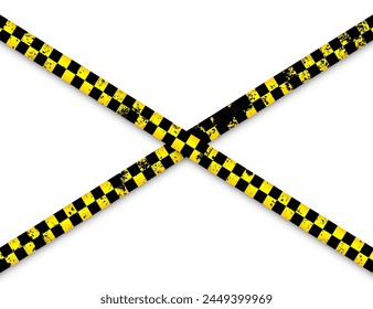 Old grunge barricade construction tape. Yellow police warning line, brightly colored danger or hazard stripe, ribbon. Restricted area, zone. Attention symbol. Vector illustration