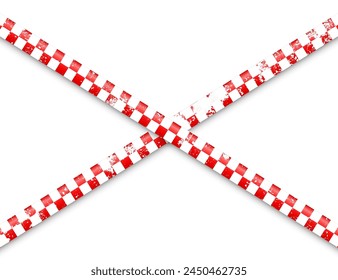 Old grunge barricade construction tape. Red police warning line, brightly colored danger or hazard stripe, ribbon. Restricted area, zone. Attention symbol. Vector illustration