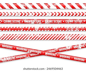 Old grunge barricade construction tape. Red police warning line, brightly colored danger or hazard stripe, ribbon. Restricted area, zone. Attention symbol. Vector illustration