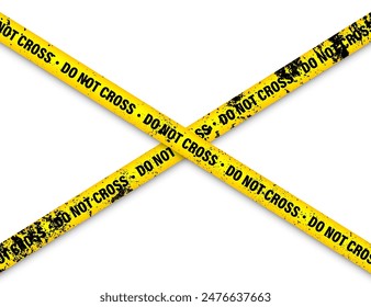 Old grunge barricade construction tape. Yellow police warning line, brightly colored danger or hazard stripe, ribbon. Restricted area, zone. Attention symbol. Vector illustration