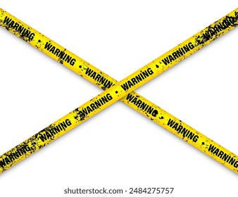 Old grunge barricade construction tape. Yellow police warning line, brightly colored danger or hazard stripe, ribbon. Restricted area, zone. Attention symbol. Vector illustration