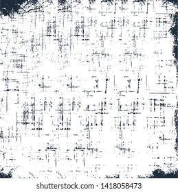 Old  grunge black and white texture. Dark weathered overlay pattern sample of screen background. Monochrome abstract dusty worn scuffed spotted noisy backdrop. Vector.