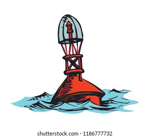 Old grunge coastal cone bobber bouy point flag object on white lake backdrop. Bright red color hand drawn travel way logo emblem sketch in retro art cartoon style on space for text on sky