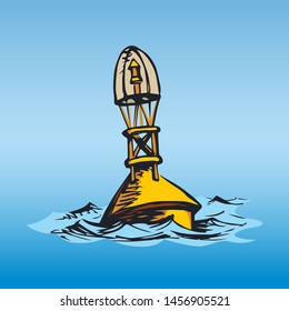 Old grunge coastal cone bobber bouy point flag object view on light blue lake backdrop. Bright yellow color hand drawn travel way logo emblem sketch in retro art cartoon style on space for text on sky