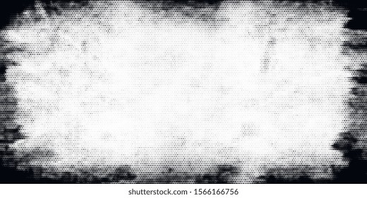 Old grunge dotted background. Abstract distress frame. Halftone effect dots. Vector template for business and graphic designs.