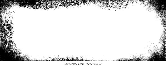 Old grunge frame with spray smudge effect for photo border and overlay. Aged paper texture with scratched worn edge and black speckled vignette. Old fashioned vector frame template for poster layout.