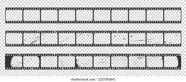 Vieja película de grunge larga tira de película o tira de película vintage, cuadros de vídeo vectorial. Cinta de cine retro o cinta fotográfica con marcos de grunge raspado y fondo transparente, tira de película de película de película de movimiento