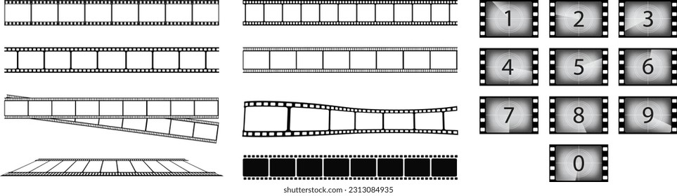 Old grunge movie film long strip set, vintage filmstrip roll frame, vector photo background. Film strip icon.Video tape photo film strip frame vector. Vector illustration