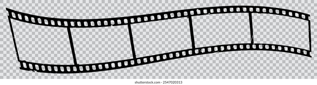 Old grunge movie film long strip, vintage filmstrip roll frame, vector photo background. Video or movie filmstrip overlay, cinema or photograph camera long film strip with transparent screen