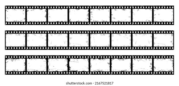 Old grunge movie film strip, vintage long filmstrip reel roll, vector frames. Cinema, video or photo filmstrip tape and 35mm photograph negative film strip roll with grunge background