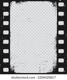 Old grunge movie film strip, vintage filmstrip texture. Vector filmstrip reel frame isolated on transparent background. Photo negative picture or cinema slide with scratched borders, retro photography