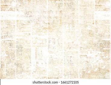 Old grunge newspaper paper textured background. Blurred vintage newspapers texture background. Blur unreadable aged news horizontal page with place for text, images. Sepia brown collage.