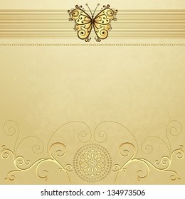 Old grunge paper with gold butterfly and gold pattern (vector EPS 10)