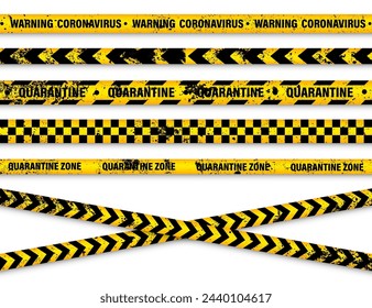 Cinta de advertencia de zona de cuarentena de grunge antigua. Nuevo brote de coronavirus. Bloqueo global. Banda de peligro del coronavirus amarillo. Línea de advertencia de la policía, área restringida. Cinta de construcción. Ilustración de vector