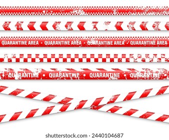 Old grunge quarantine zone warning tape. Novel coronavirus outbreak. Global lockdown. Red coronavirus danger stripe. Police caution line, restricted area. Construction tape. Vector illustration