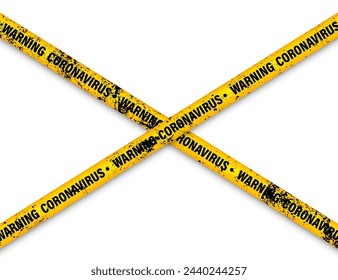 Old grunge quarantine zone warning tape. Novel coronavirus outbreak. Global lockdown. Yellow coronavirus danger stripe. Police caution line, restricted area. Construction tape. Vector illustration