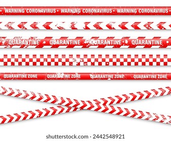 Old grunge quarantine zone warning tape. Novel coronavirus outbreak. Global lockdown. Red coronavirus danger stripe. Police caution line, restricted area. Construction tape. Vector illustration