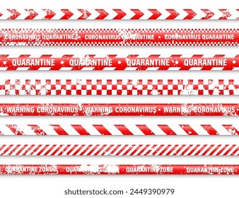 Old grunge quarantine zone warning tape. Novel coronavirus outbreak. Global lockdown. Red coronavirus danger stripe. Police caution line, restricted area. Construction tape. Vector illustration