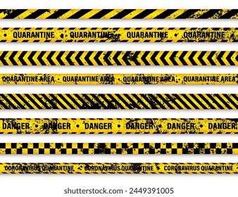 Old grunge quarantine zone warning tape. Novel coronavirus outbreak. Global lockdown. Yellow coronavirus danger stripe. Police caution line, restricted area. Construction tape. Vector illustration