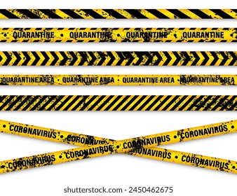 Old grunge quarantine zone warning tape. Novel coronavirus outbreak. Global lockdown. Yellow coronavirus danger stripe. Police caution line, restricted area. Construction tape. Vector illustration