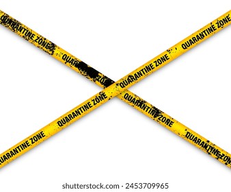 Old grunge quarantine zone warning tape. Novel coronavirus outbreak. Global lockdown. Yellow coronavirus danger stripe. Police caution line, restricted area. Construction tape. Vector illustration
