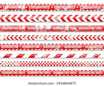 Old grunge quarantine zone warning tape. Novel coronavirus outbreak. Global lockdown. Red coronavirus danger stripe. Police caution line, restricted area. Construction tape. Vector illustration