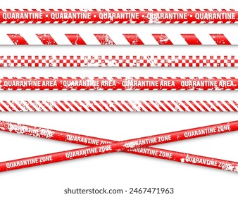 Old grunge quarantine zone warning tape. Novel coronavirus outbreak. Global lockdown. Red coronavirus danger stripe. Police caution line, restricted area. Construction tape. Vector illustration