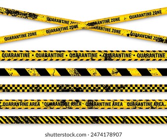 Old grunge quarantine zone warning tape. Novel coronavirus outbreak. Global lockdown. Yellow coronavirus danger stripe. Police caution line, restricted area. Construction tape. Vector illustration.