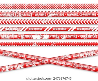 Old grunge quarantine zone warning tape. Novel coronavirus outbreak. Global lockdown. Red coronavirus danger stripe. Police caution line, restricted area. Construction tape. Vector illustration