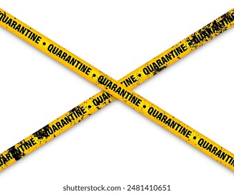 Old grunge quarantine zone warning tape. Novel coronavirus outbreak. Global lockdown. Yellow coronavirus danger stripe. Police caution line, restricted area. Construction tape. Vector illustration