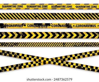 Old grunge quarantine zone warning tape. Novel coronavirus outbreak. Global lockdown. Yellow coronavirus danger stripe. Police caution line, restricted area. Construction tape. Vector illustration