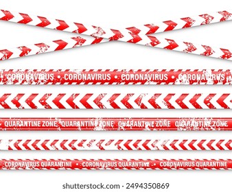 Old grunge quarantine zone warning tape. Novel coronavirus outbreak. Global lockdown. Red coronavirus danger stripe. Police caution line, restricted area. Construction tape. Vector illustration.