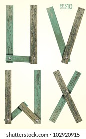 Old Grunge Wooden Alphabet, vector set ( U V W X )