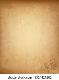 Old Grungy Highly Detailed Vintage Paper Blank with Rose Flower Pattern in Corner. Worn Textured Template for Mail, Aged Letter, Parchment, Papyrus with Copy Space. Realistic Vector Illustration.