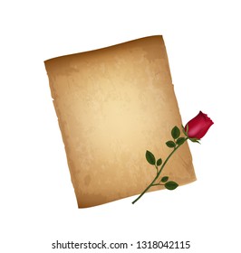 Old Grungy Paper and Red Elegant Rose Isolated on White Background. Template for Valentines Day Card. Worn Parchment, Papyrus with Copy Space. Vintage Love Letter. Worn Texture. Vector Illustration