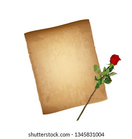 Old Grungy Paper Worn Texture and Highly Detailed Red Rose on Long Stem Isolated on White Background. Valentines Day Card. Worn Parchment, Papyrus, Copy Space. Vintage Love Letter. Vector Illustration