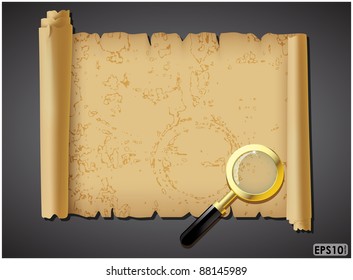 Old grungy scroll with magnifying glass on black background