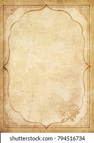 Old grungy vintage paper blank with curly oriental frame ornament and lovely rose flower in the corner. Worn template for mail, aged letter paper with space for text or image. Vector illustration.