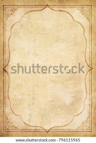 Old grungy vintage paper blank with curly oriental frame ornament. Worn papyrus template for mail, aged letter paper with space for text or image. Highly detailed vector illustration, border.