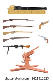Old guns set. Collection of old weapons, rifles, pistols and automatic rifle. Includes an old and a modern cannon. Flat style vector illustration.