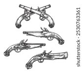 Old guns set. Vintage flintlock pistols. Hand drawn sketch style. Best for pirate themed designs. Vector illustrations collection.