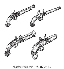 Old guns set. Vintage flintlock pistols. Hand drawn sketch style. Best for pirate themed designs. Vector illustrations collection.