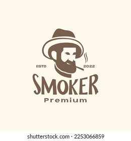 old guy bearded legend hat smoking cigar relax happiness vintage logo design vector icon illustration template