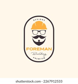 old guy face foreman building mustache bearded helmet badge vintage logo design vector icon illustration