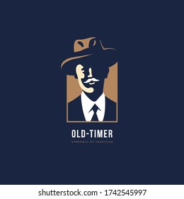 Old guy in a hat logo design template for a dark background. Vector illustration.