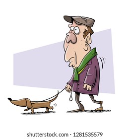 Old guy walking his small dog
