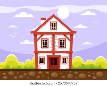 Old half-timbered house. Traditional medieval European building. fachwerk cottage with facade from stone and timber. Simple game background with grass, bush, blue sky and white clouds. Vector graphics